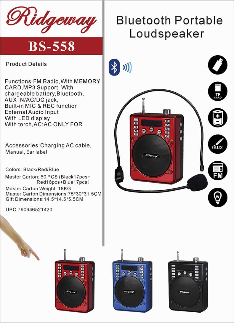 Ridgeway SPE-558A Bluetooth FM Portable Radio Speaker Rechargeable USB SD AUX