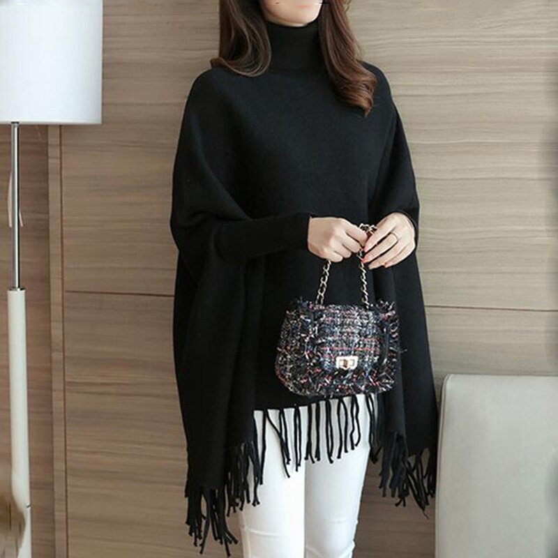 Women Poncho Coat Solid Elegant Pullover Female Jumper Irregular Tassel
