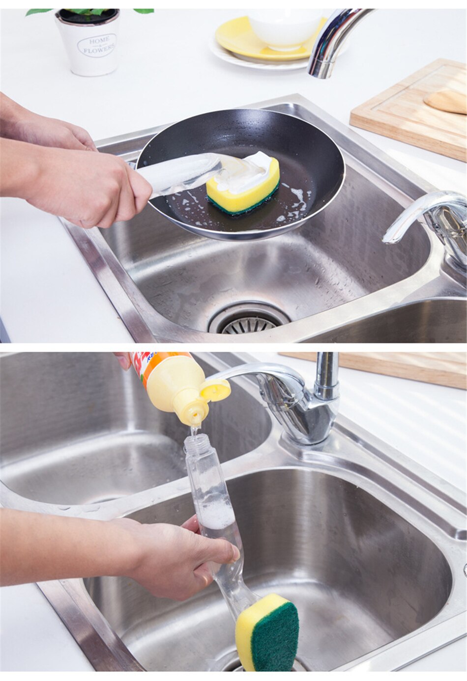 3 Sponge Heads Handheld Soap Scrubber Cleaner Dish Wand Brush Cleaning Tool